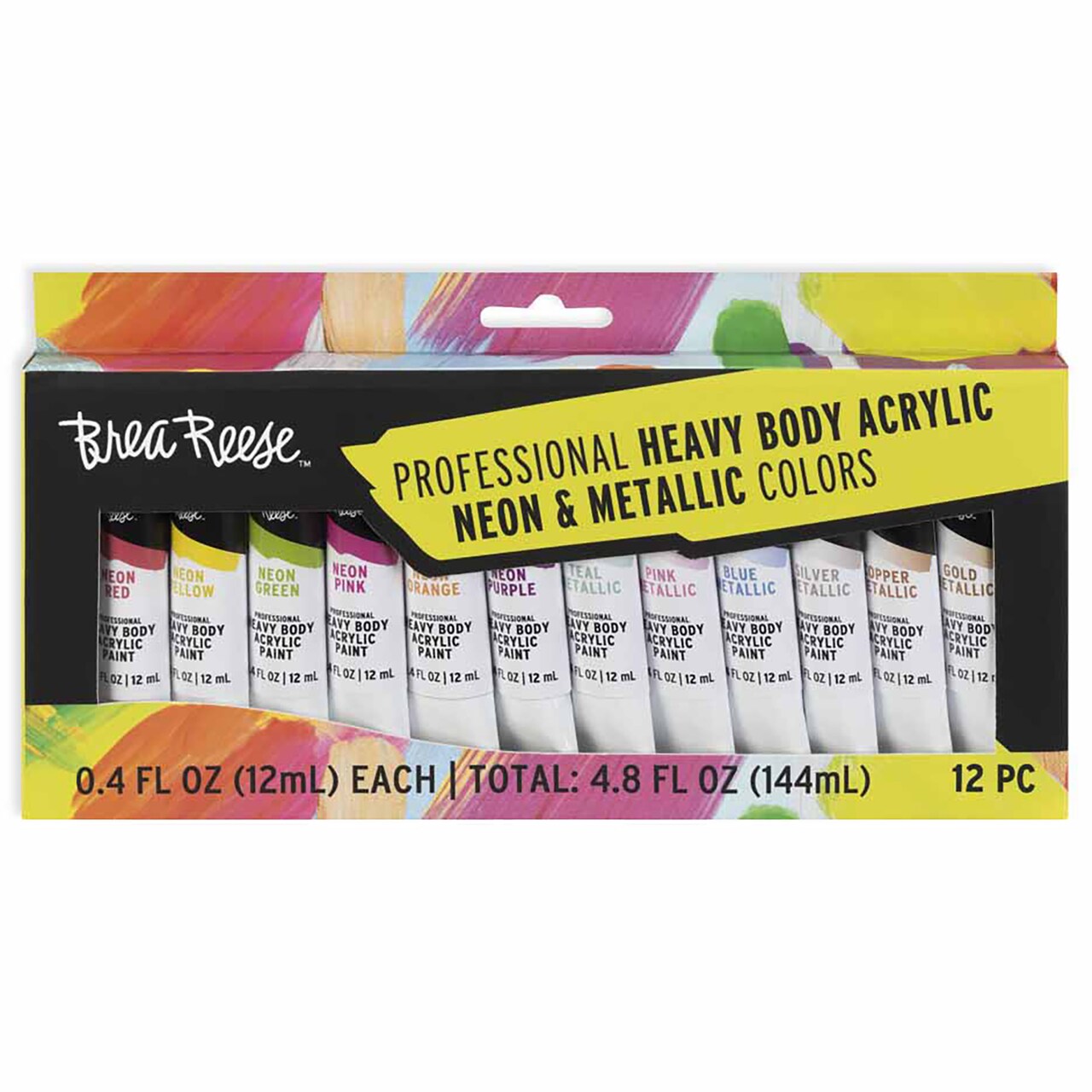 Brea Reese: Professional Heavy Body Acrylic Paint Set - Neon & Metallic Colors - 12 Tubes - Bold Pigments, Water-Based & Non-Toxic, Adult Art Supplies